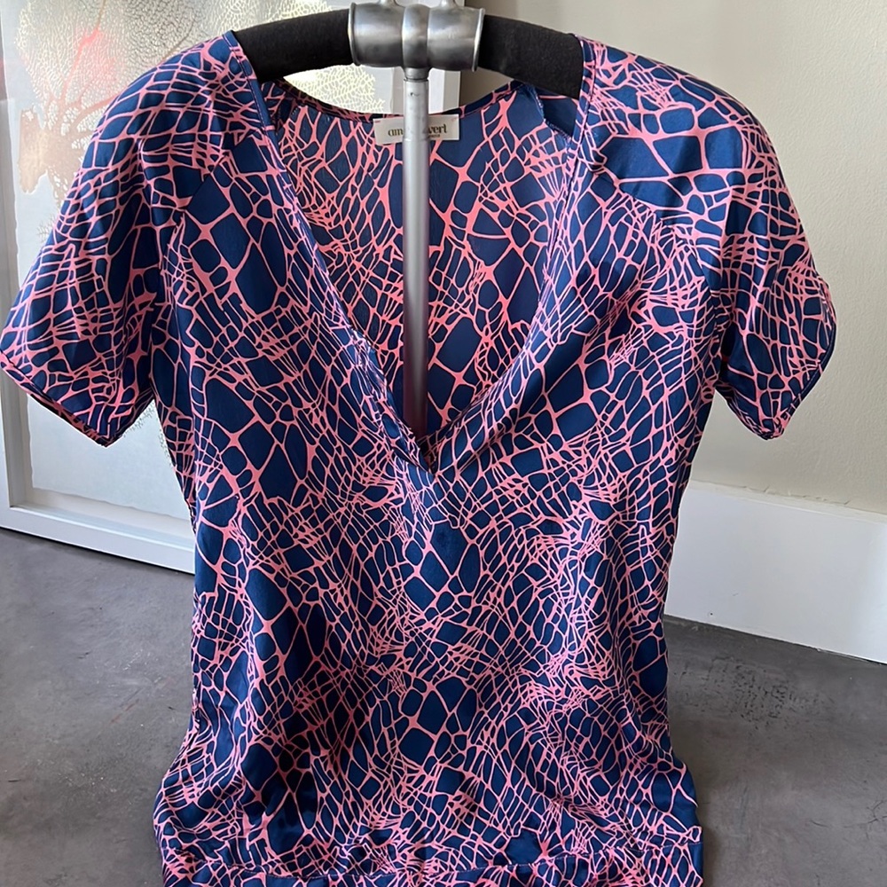 Fun silk soft blue and salmon pink graphic design blouse